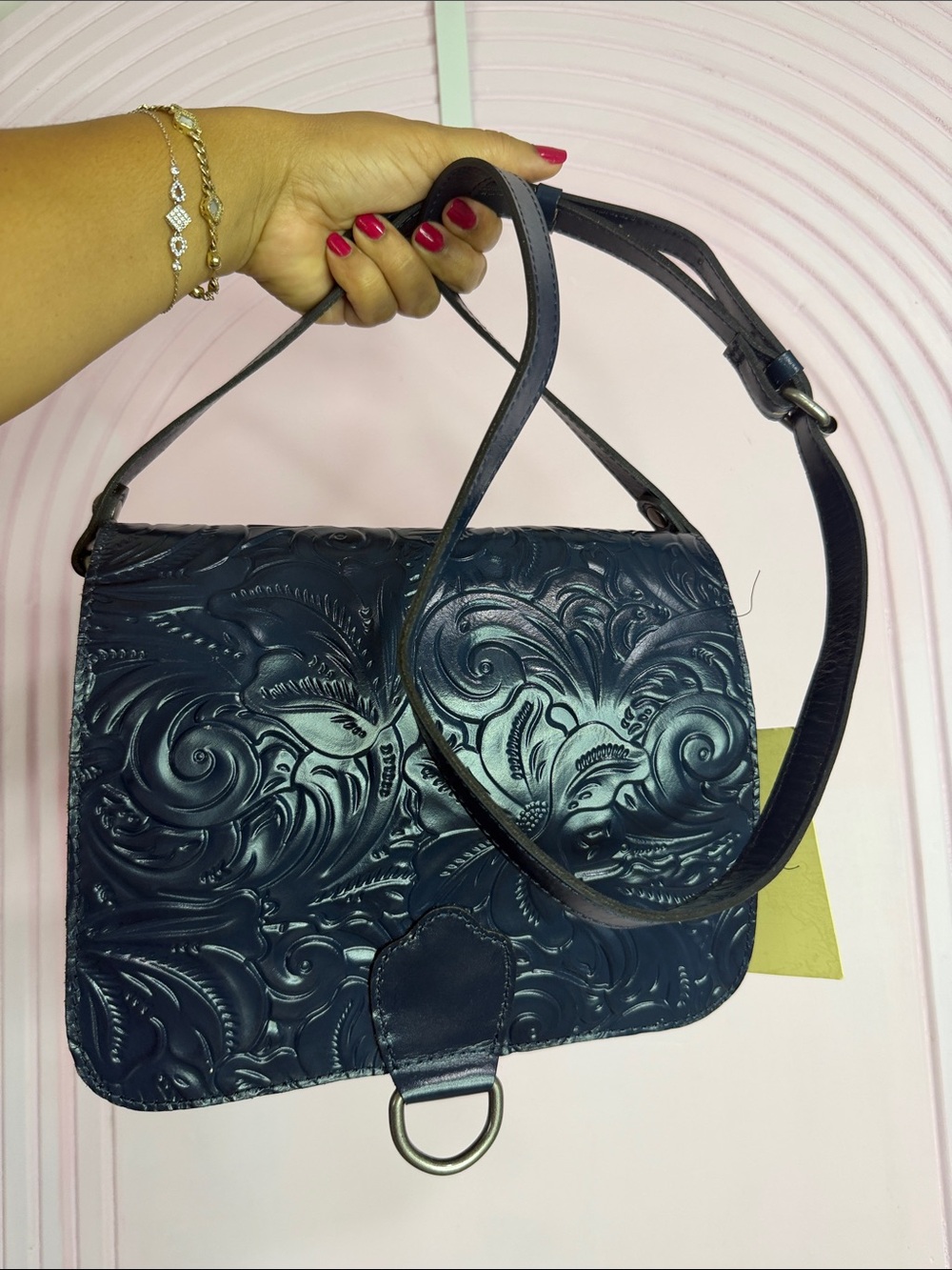 Patricia Nash Navy Embossed Floral Leather Shoulder Bag